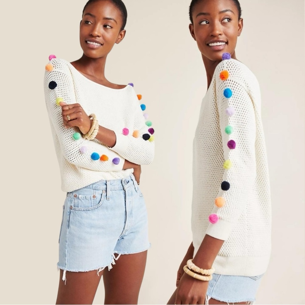 Anthropologie Cream Knit Sweater with Multicolor Pom-Poms